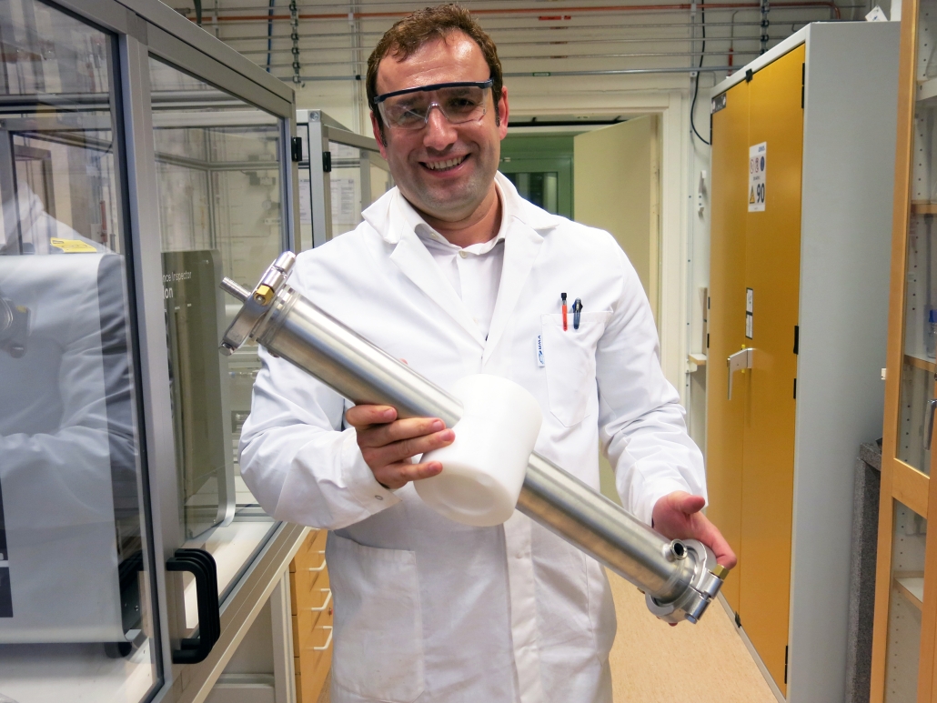 Naser Tavajohi shows a module for an artificial membrane, at one of his research laboratories at Umeå University, Sweden. Photo by Anna Strom ©2022.