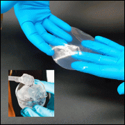 Overlay to medical dressing made from woody nanofibre networks. Nanofibre base gel in left-bottom corner. Images by courtesy of Linn Berglund. Collage by Anna Strom.