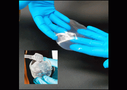 Overlay to medical dressing made from woody nanofibre networks. Nanofibre base gel in left-bottom corner. Images by courtesy of Linn Berglund. Collage by Anna Strom.