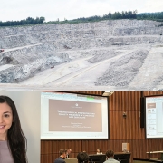 Katarzyna Olovsson and her doctoral research on fossil-free lime production. The photo collage shows Jutjärn limestone quarry in Dalarna, Sweden, and her dissertation defence at Umeå University (Photos: Katarzyna Olovsson), as well as a portrait of the researcher (Photo: Jonas Olovsson)