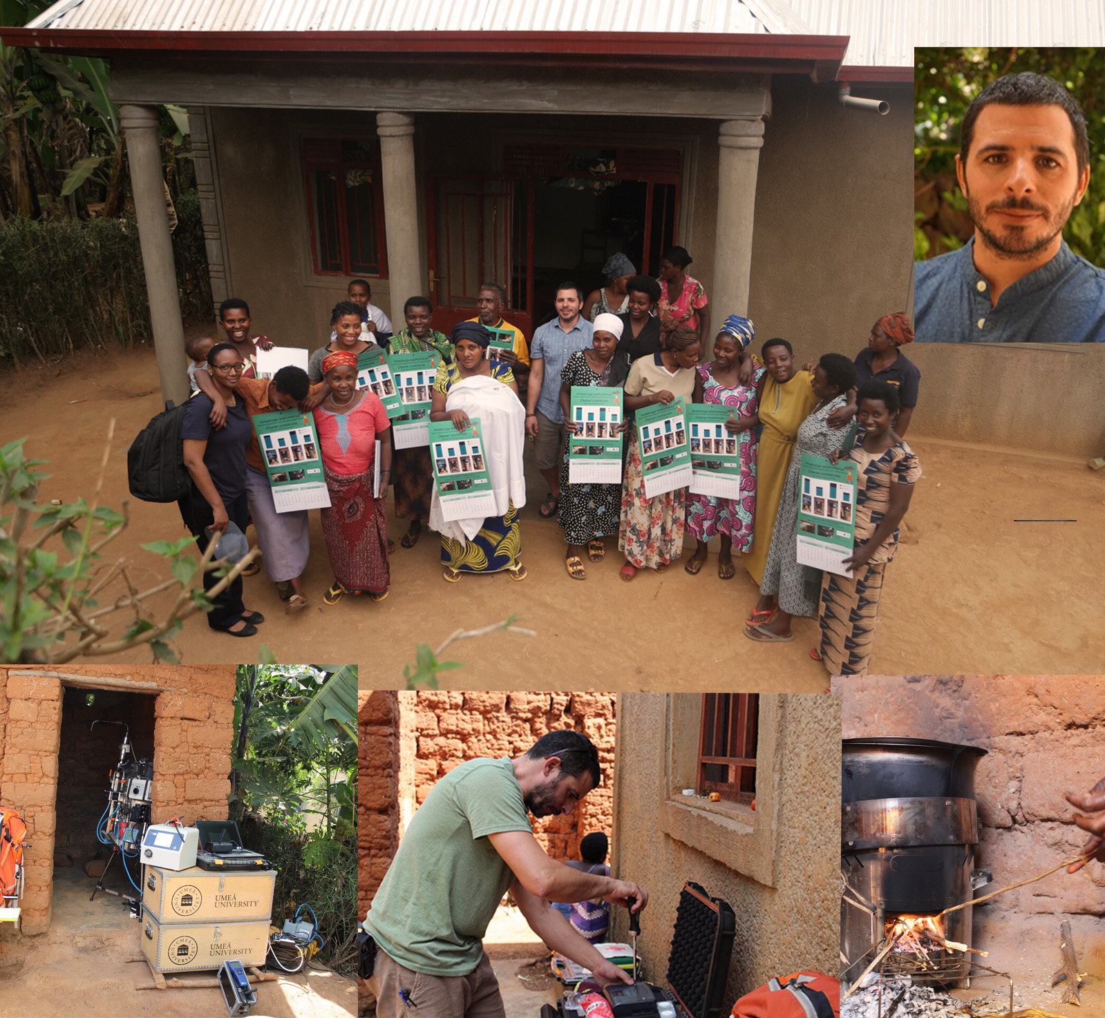 Participants at a workshop in Rusagara village, Rwanda, in July 2024, where results from one of the studies included in García-López’s doctoral thesis were presented to local households (top, photo: Natxo García-López). A portrait of García-López is shown in the upper right corner (photo: Umeå University). The instrumental setup developed at Umeå University for experimental work in rural Rwanda is displayed on the left (photo: Natxo García-López). In the middle, García-López is preparing portable instrumentation (micro-aethalometer) for field measurements (photo: Sabine Ingabire). On the right, an improved rocket stove, fueled with sticks, is shown in operation during field measurements (photo: Natxo García-López).