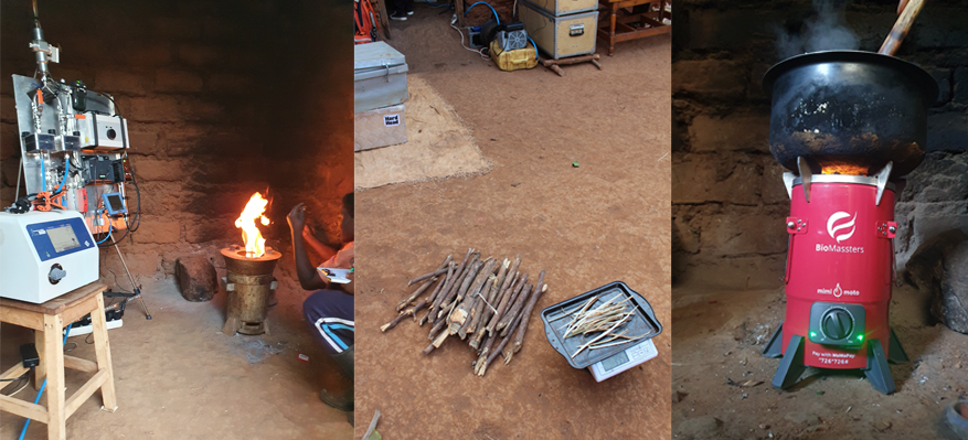 The instrumental setup developed at Umeå University by García-López and colleagues to perform experimental work in rural Rwanda (right). Fuel preparation and quantification during field experiments (middle). An advanced cookstove—a forced-draft gasifier fueled with pellets—in operation in rural Rwanda (left). (All photos: Natxo García-López)